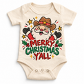 Merry Christmas Y'all graphic on natural bodysuit, front view on white background
