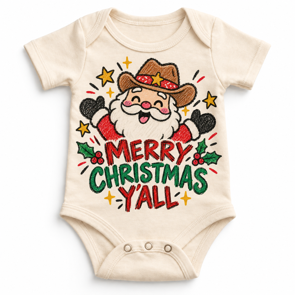 Merry Christmas Y'all graphic on natural bodysuit, front view on white background