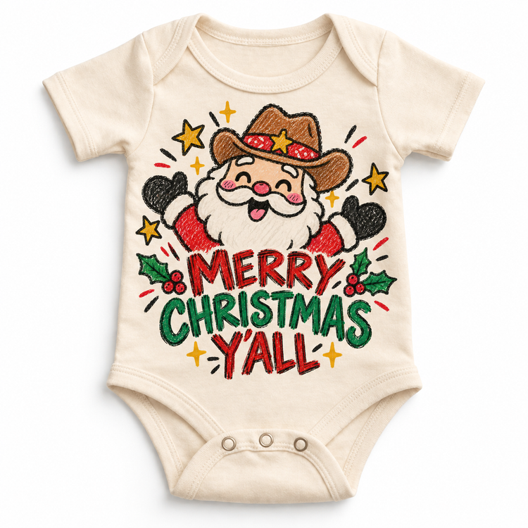 Merry Christmas Y'all graphic on natural bodysuit, front view on white background