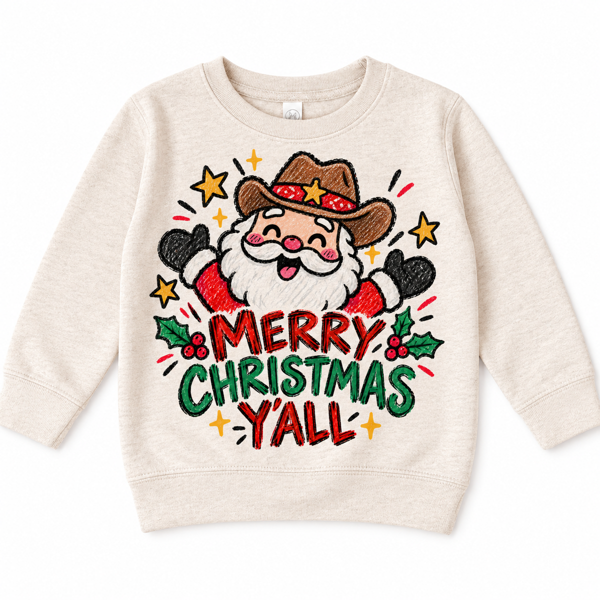 Merry Christmas Y'all graphic on natural sweatshirt, front view on white background