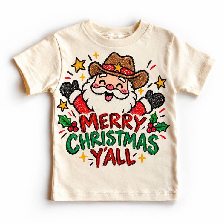 Merry Christmas Y'all graphic on natural tee, front view on white background