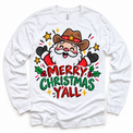 Merry Christmas Y'all graphic on white long sleeve tee, front view on white background