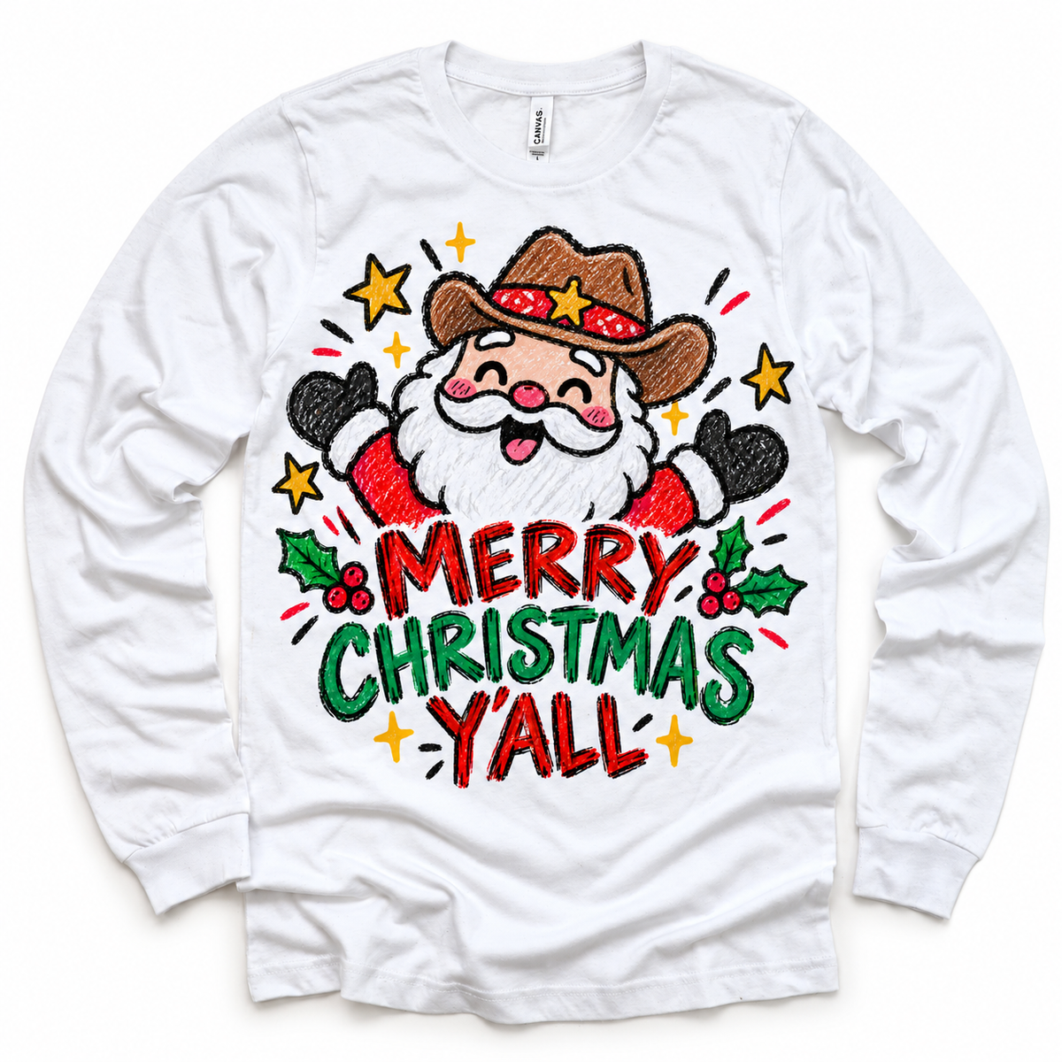 Merry Christmas Y'all graphic on white long sleeve tee, front view on white background