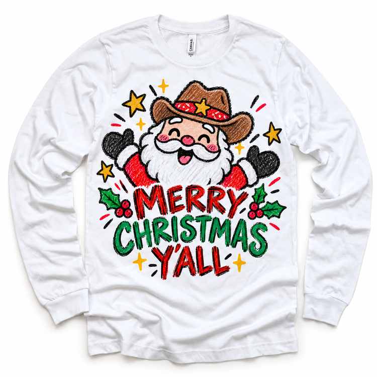 Merry Christmas Y'all graphic on white long sleeve tee, front view on white background