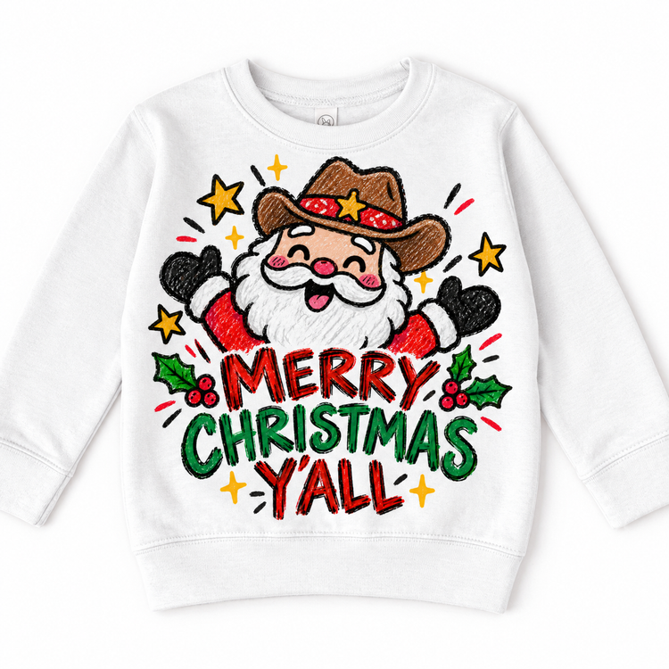 Merry Christmas Y'all graphic on white sweatshirt, front view on white background