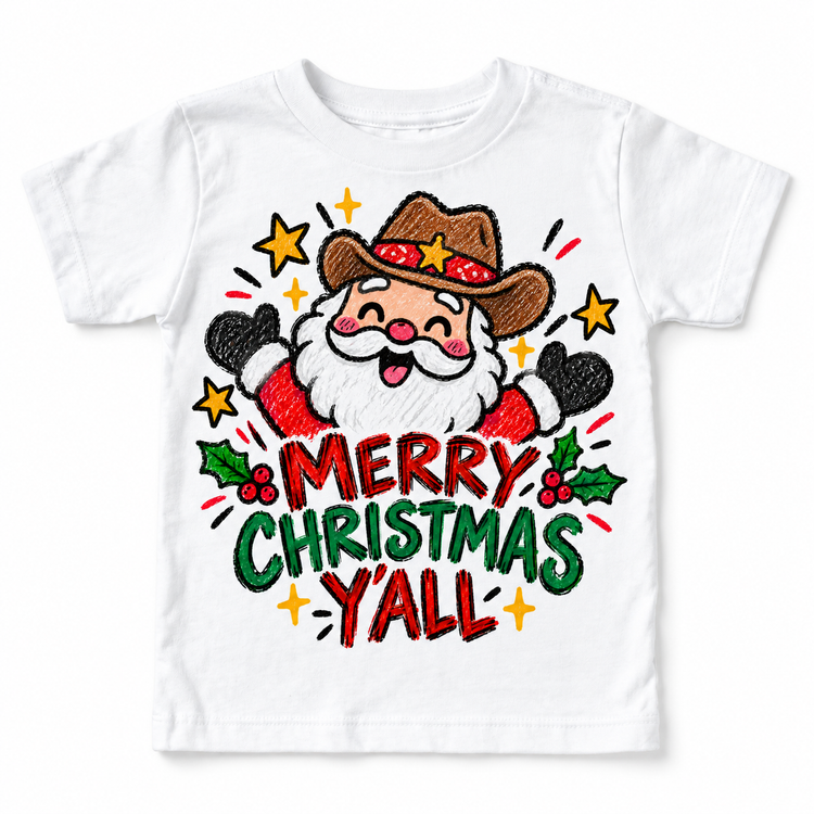 Merry Christmas Y'all graphic on white tee, front view on white background