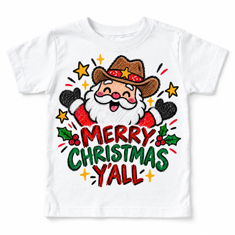 Merry Christmas Y'all graphic on white tee, front view on white background
