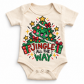 Jingle All the Way graphic on natural bodysuit, front view on white background