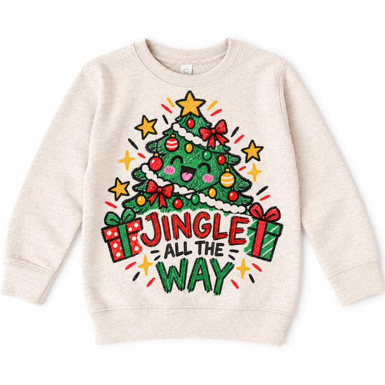 Jingle All the Way graphic on natural sweatshirt, front view on white background