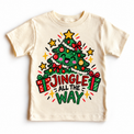 Jingle All the Way graphic on natural tee, front view on white background
