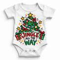 Jingle All the Way graphic on white bodysuit, front view on white background