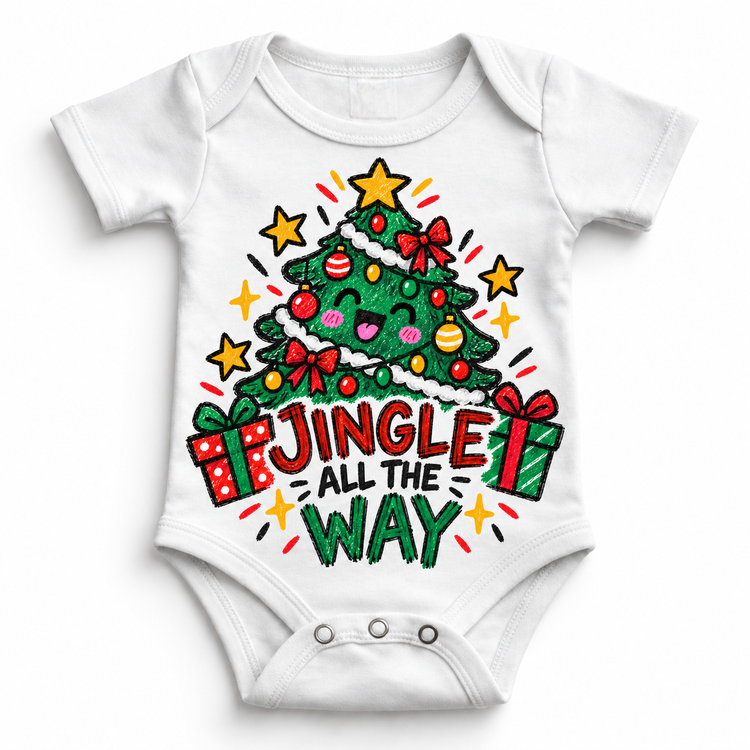 Jingle All the Way graphic on white bodysuit, front view on white background