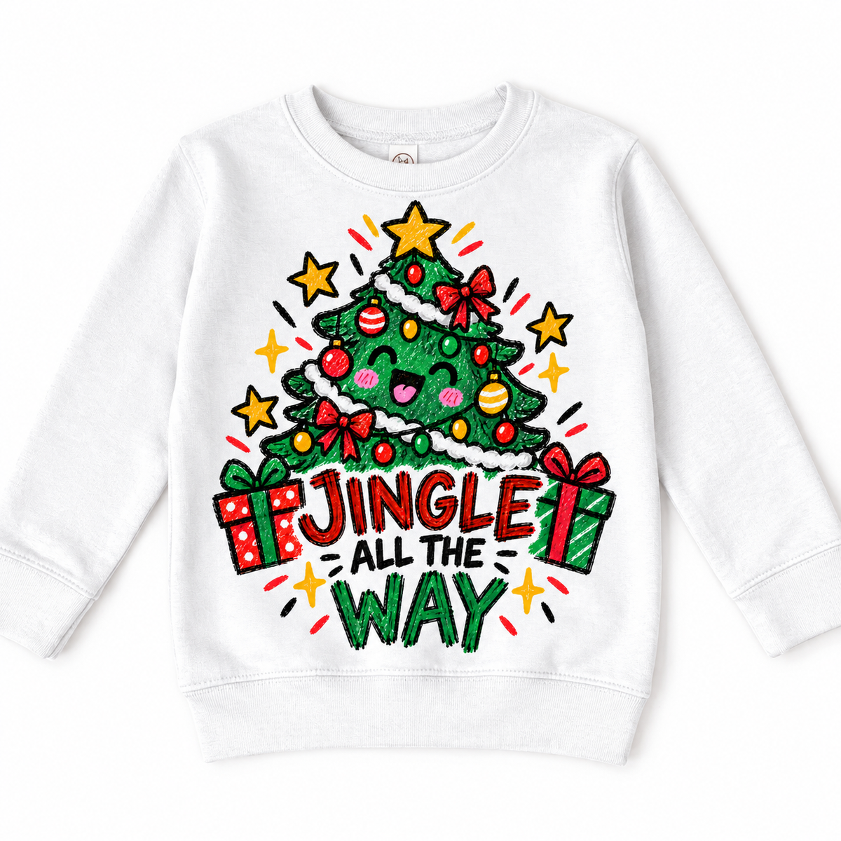 Jingle All the Way graphic on white sweatshirt, front view on white background