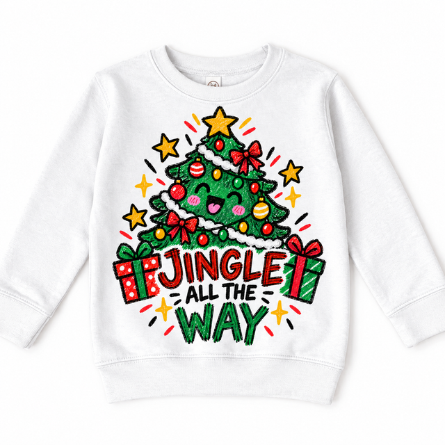 Jingle All the Way graphic on white sweatshirt, front view on white background