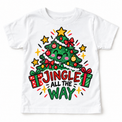 Jingle All the Way graphic on white tee, front view on white background