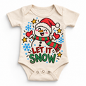 Let It Snow graphic on natural bodysuit, front view on white background