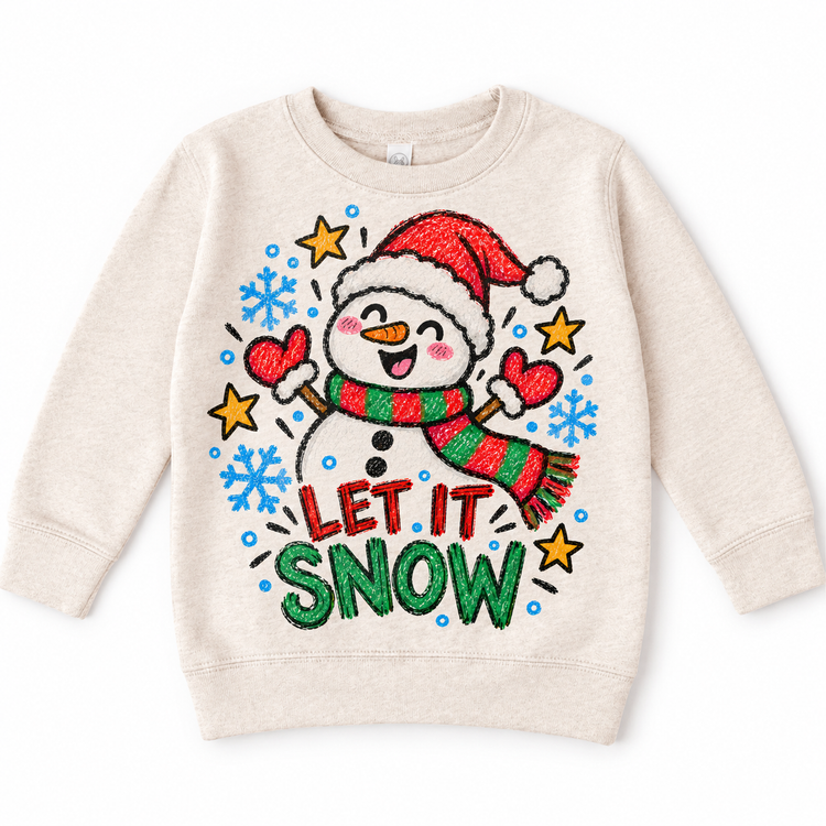 Let It Snow graphic on natural sweatshirt, front view on white background