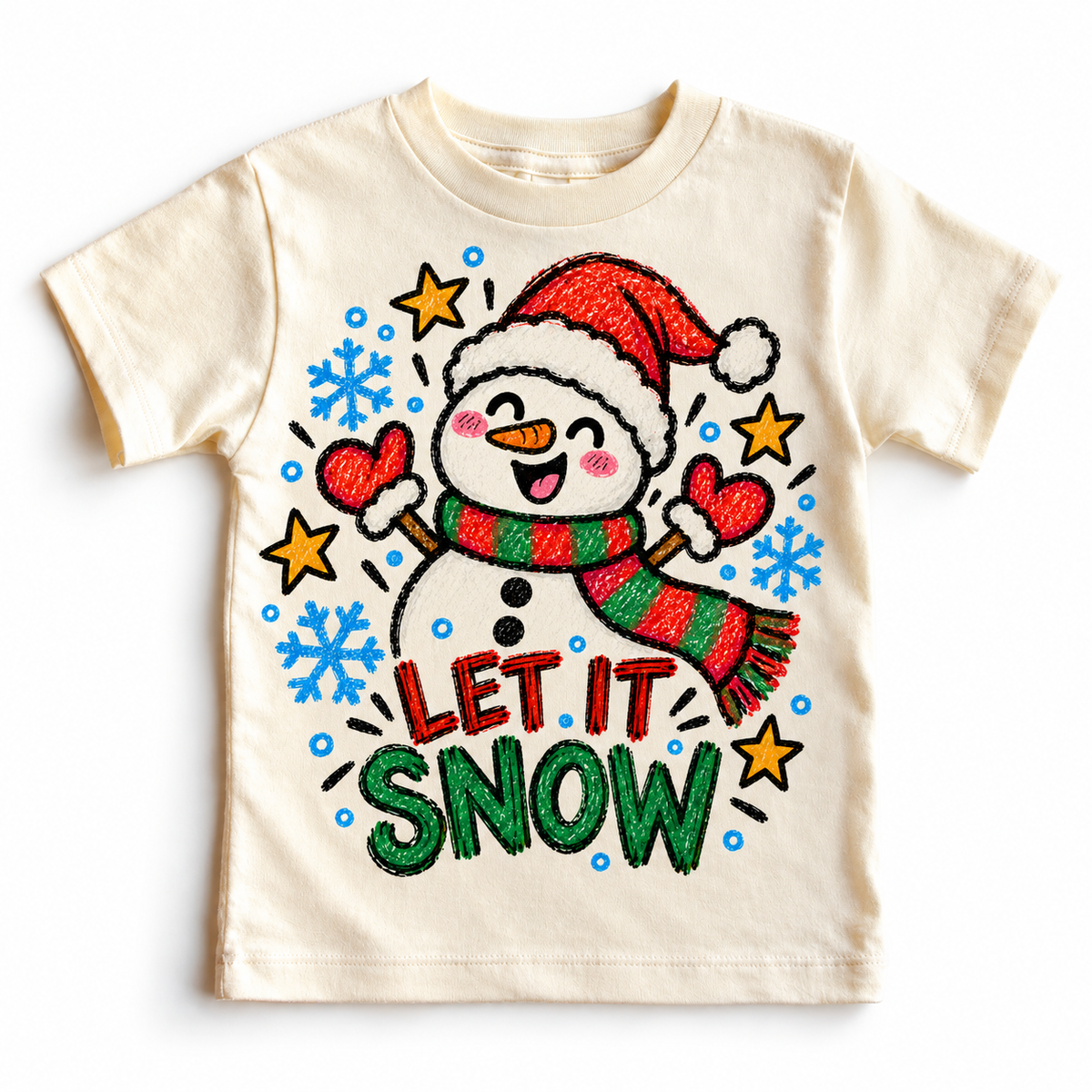 Let It Snow graphic on natural tee, front view on white background