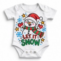 Let It Snow graphic on white bodysuit, front view on white background