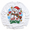 Let It Snow graphic on white long sleeve tee, front view on white background