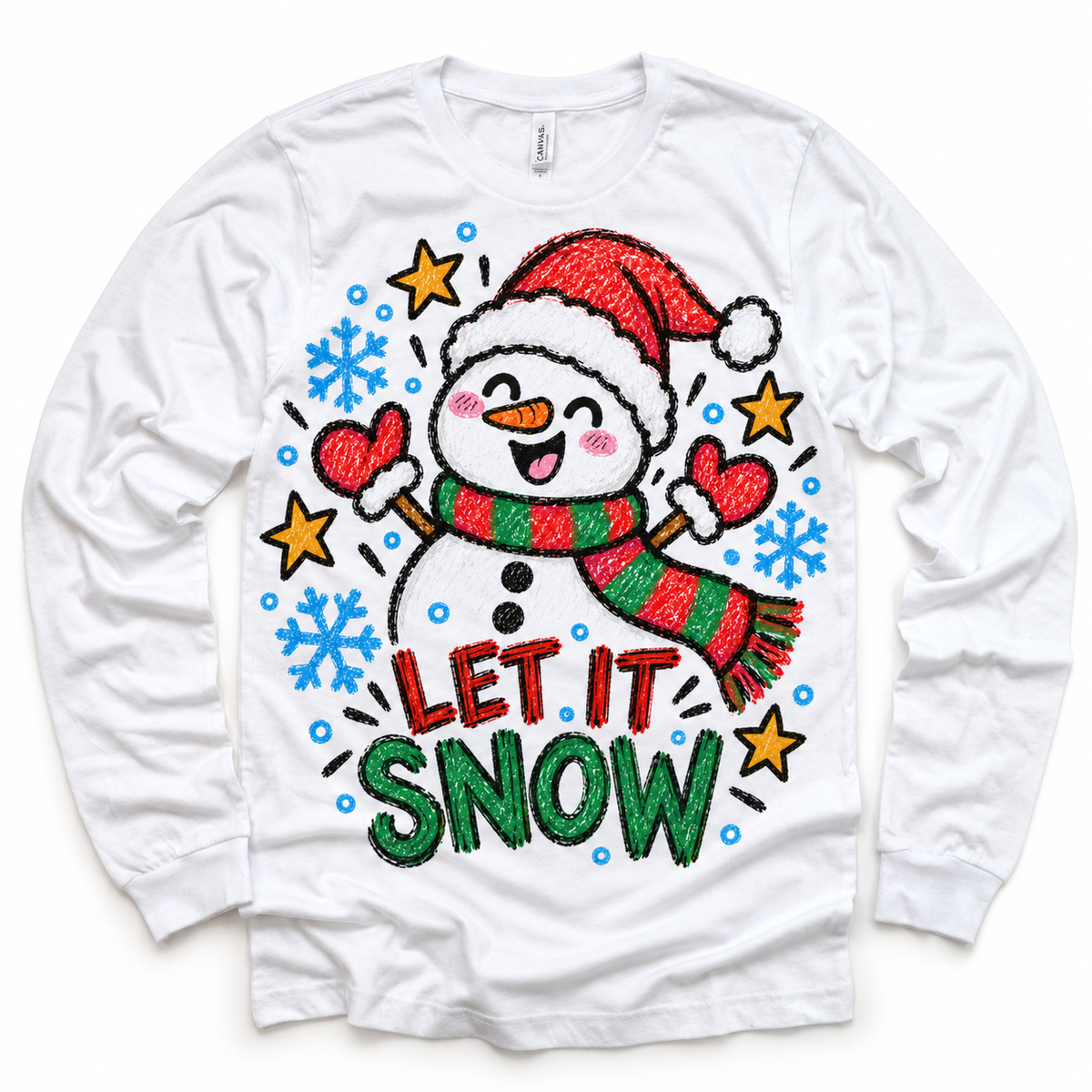 Let It Snow graphic on white long sleeve tee, front view on white background
