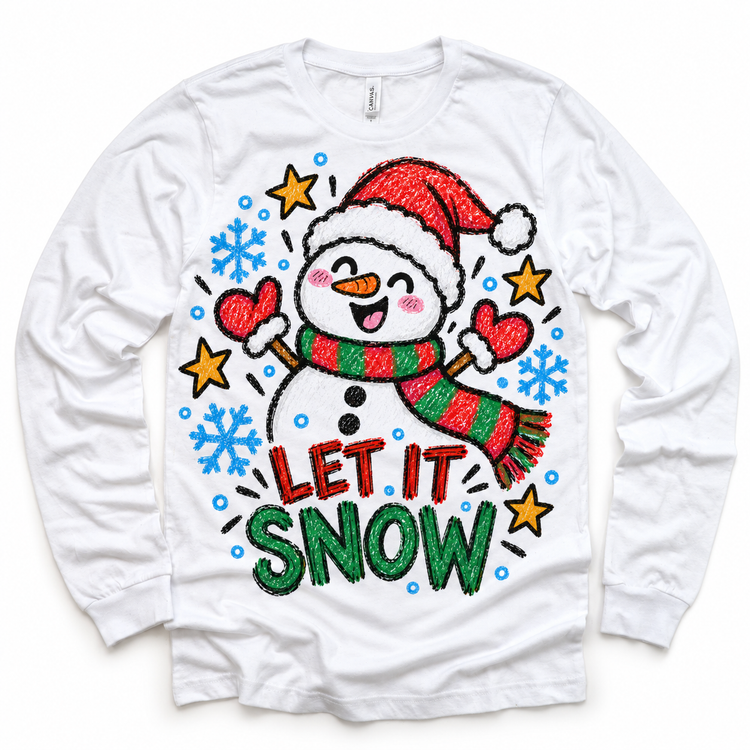 Let It Snow graphic on white long sleeve tee, front view on white background
