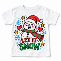 Let It Snow graphic on white tee, front view on white background