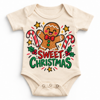 Sweet Christmas graphic on natural bodysuit, front view on white background