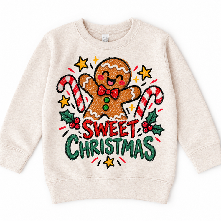 Sweet Christmas graphic on natural sweatshirt, front view on white background
