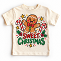 Sweet Christmas graphic on natural tee, front view on white background