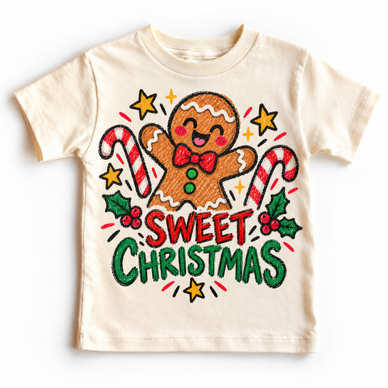 Sweet Christmas graphic on natural tee, front view on white background