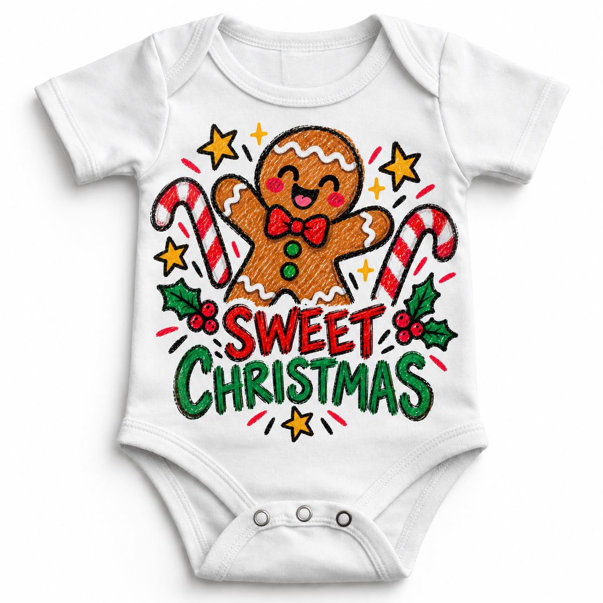 Sweet Christmas graphic on white bodysuit, front view on white background