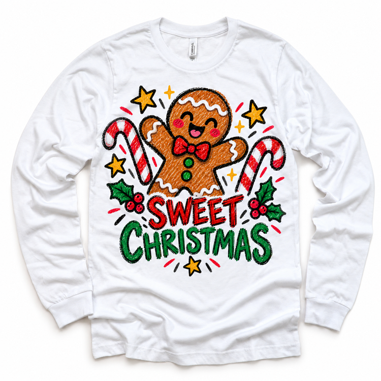 Sweet Christmas graphic on white long sleeve tee, front view on white background