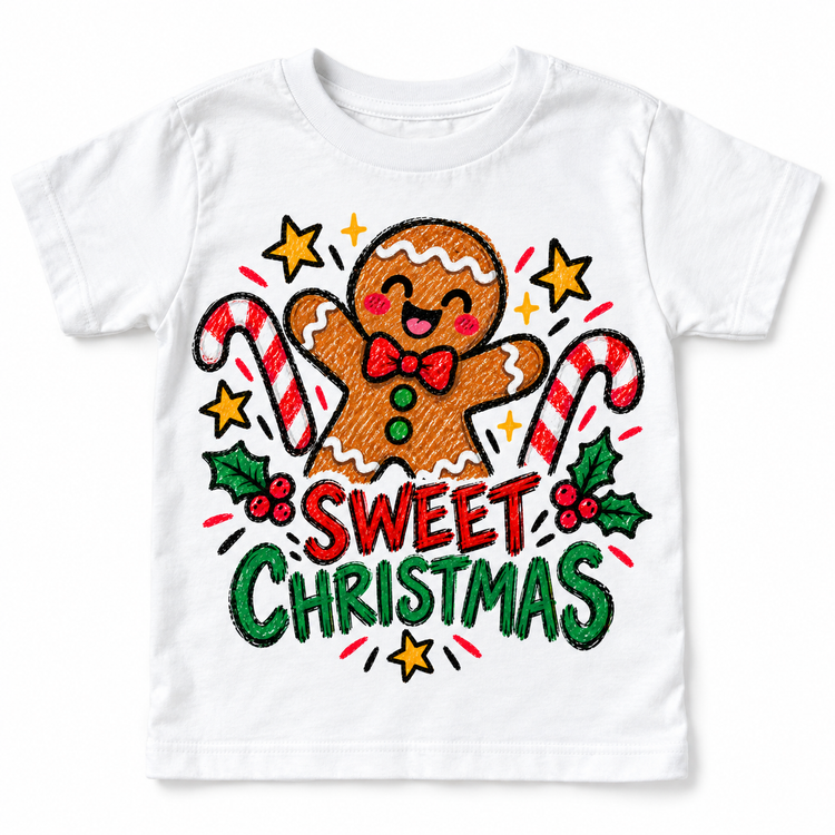 Sweet Christmas graphic on white tee, front view on white background