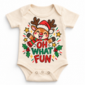 Oh What Fun graphic on natural bodysuit, front view on white background