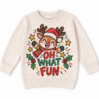 Oh What Fun graphic on natural sweatshirt, front view on white background