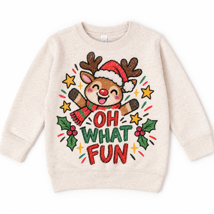 Oh What Fun graphic on natural sweatshirt, front view on white background