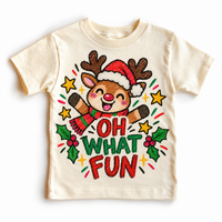 Oh What Fun graphic on natural tee, front view on white background
