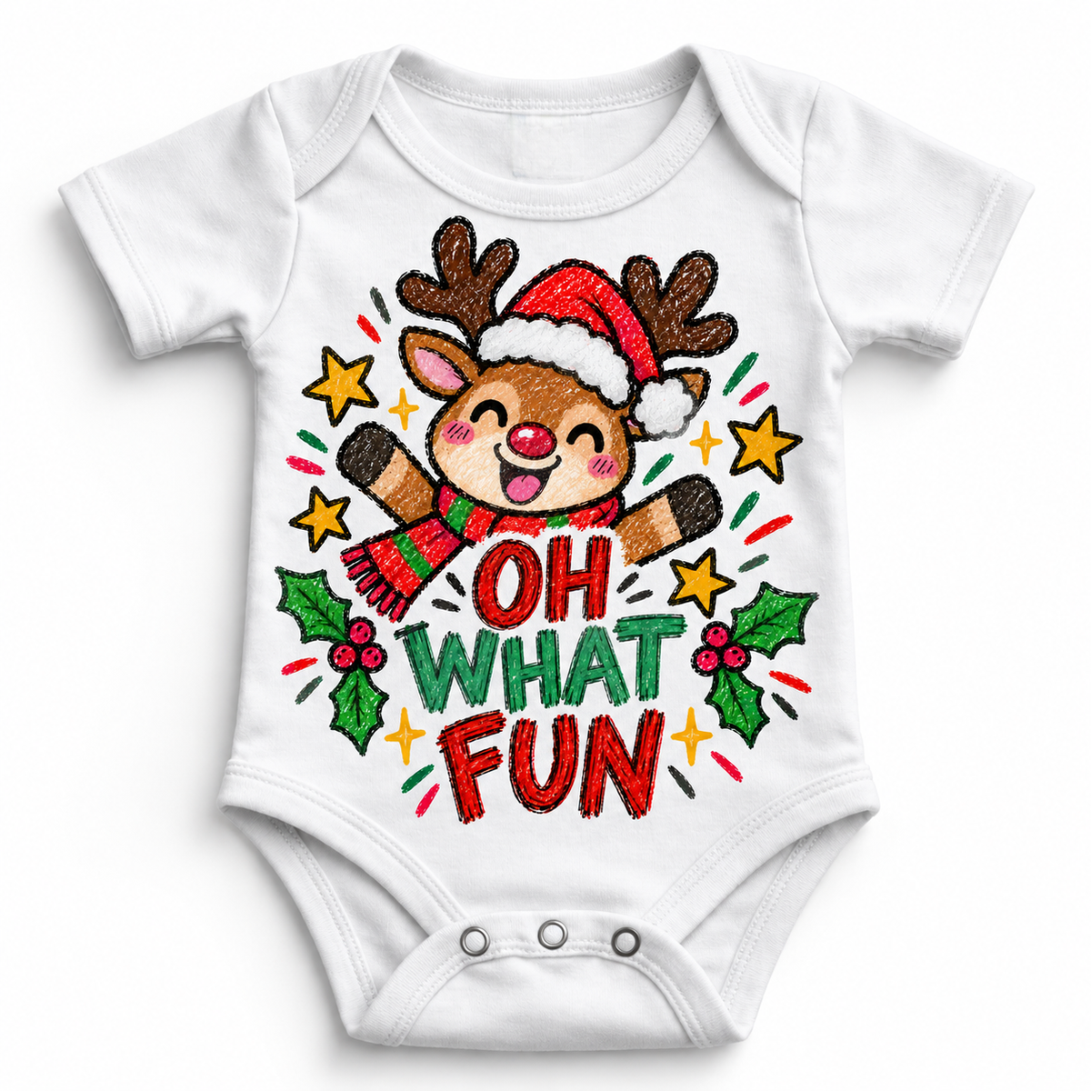 Oh What Fun graphic on white bodysuit, front view on white background