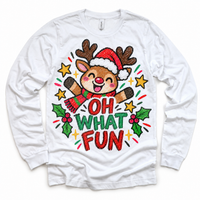 Oh What Fun graphic on white long sleeve tee, front view on white background