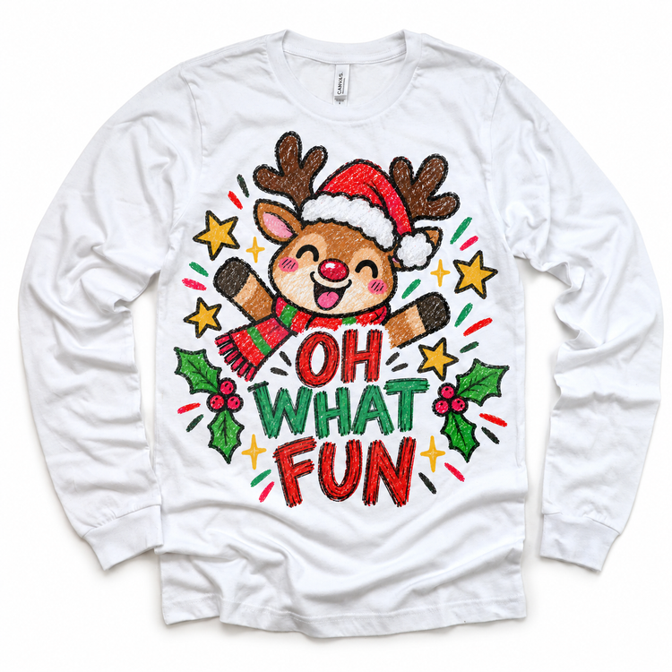 Oh What Fun graphic on white long sleeve tee, front view on white background