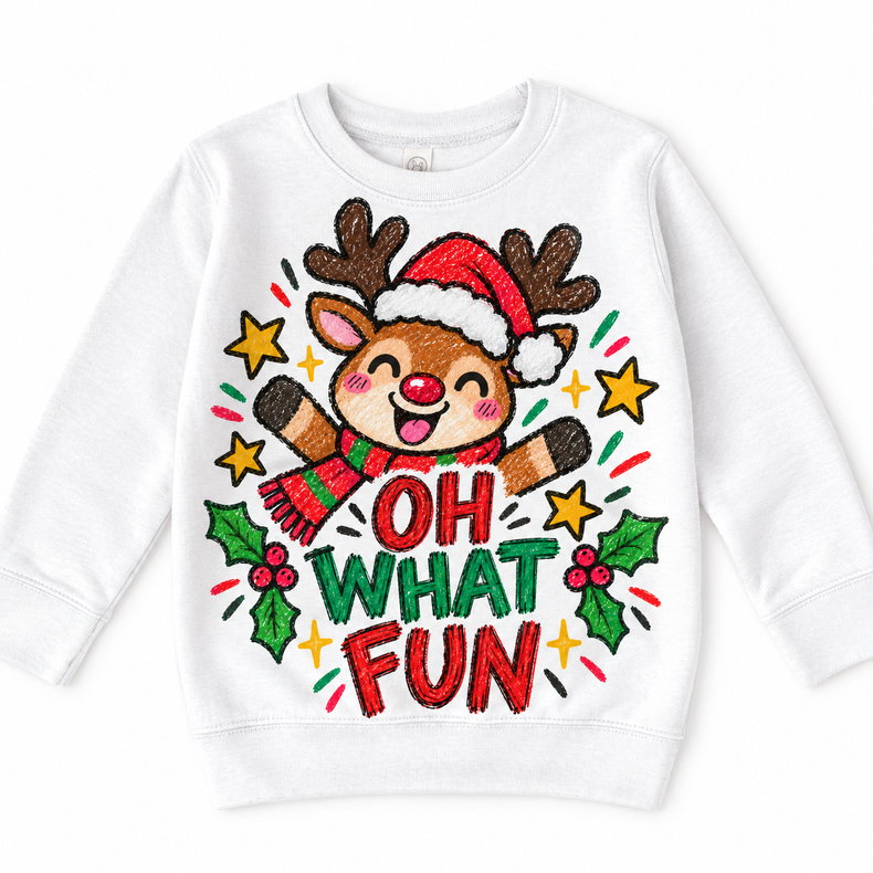 Oh What Fun graphic on white sweatshirt, front view on white background