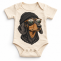 Dachshund wearing a beanie and mountain sunglasses printed on natural bodysuit, front view
