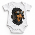 Dachshund wearing a beanie and mountain sunglasses printed on white bodysuit, front view