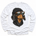 Dachshund wearing a beanie and mountain sunglasses printed on white long sleeve tee, front view
