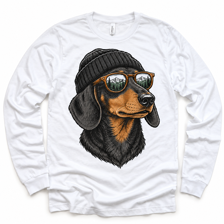 Dachshund wearing a beanie and mountain sunglasses printed on white long sleeve tee, front view