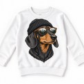 Dachshund wearing a beanie and mountain sunglasses printed on white sweatshirt, front view