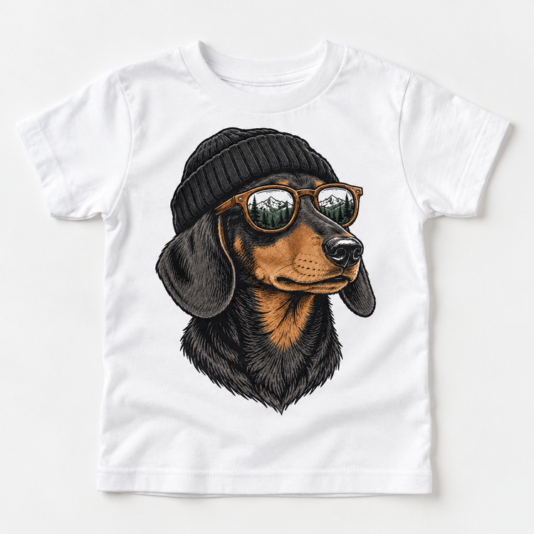 Dachshund wearing a beanie and mountain sunglasses printed on white tee, front view