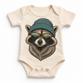 Raccoon wearing a beanie and mountain sunglasses printed on natural bodysuit, front view