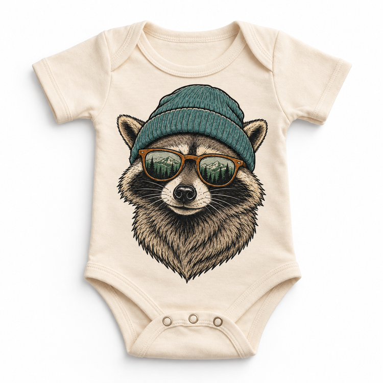Raccoon wearing a beanie and mountain sunglasses printed on natural bodysuit, front view